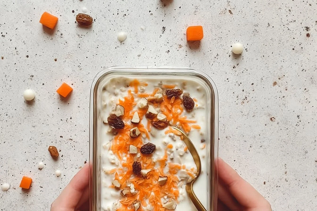 High protein carrot cake overnight oats topped with nuts and fruits
