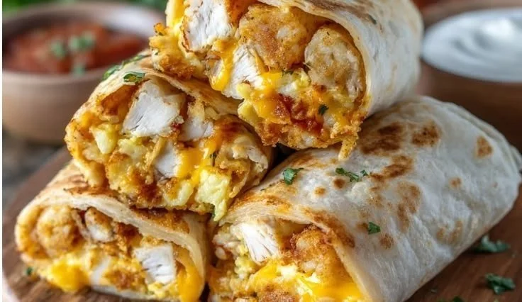 High-protein chicken and hash brown breakfast burritos on a wooden table