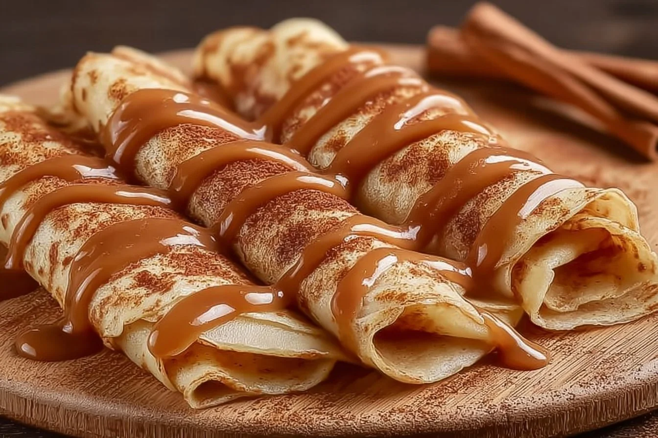 High protein cinnamon crepes served on a plate with a sprinkle of cinnamon
