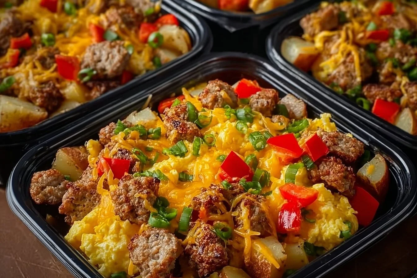 High protein freezer-friendly breakfast bowls ready for meal prep.