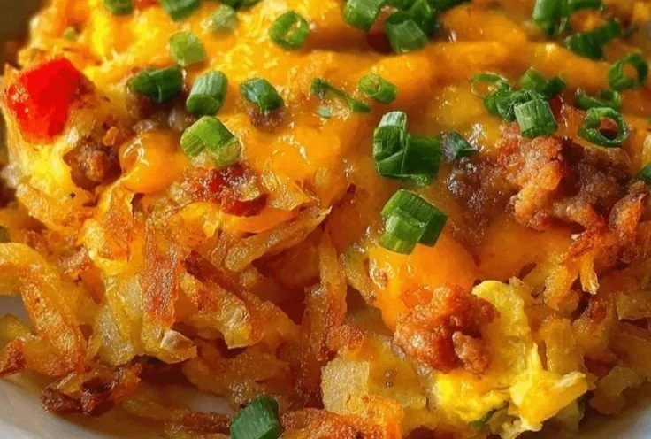 High-Protein Loaded Hash Browns hash browns High-protein loaded hash browns topped with eggs and veggies for breakfast.