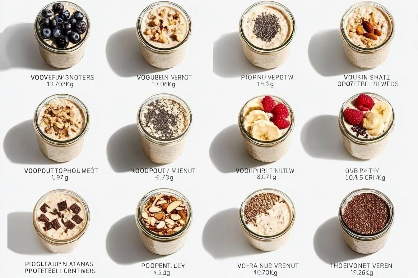 Bowl of high protein overnight oats with fruits and nuts