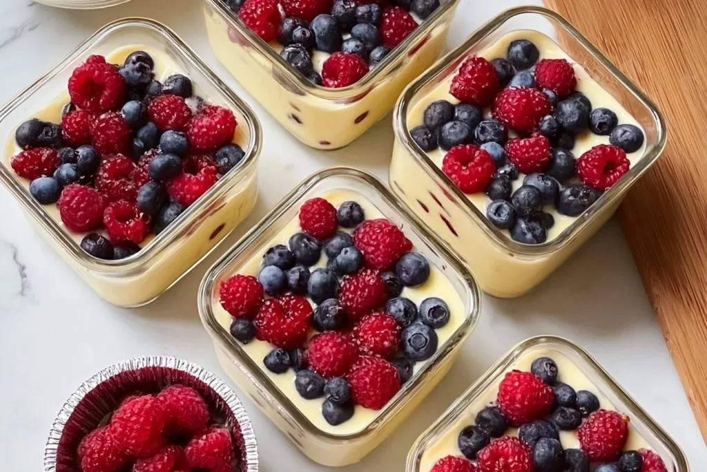 High protein pancake bowl topped with fresh fruits and nuts