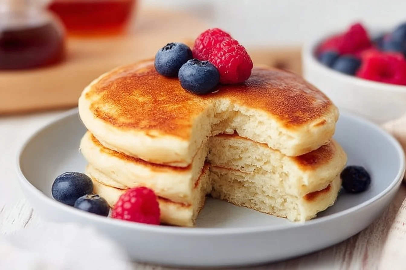 Fluffy high protein pancakes topped with fresh berries and syrup
