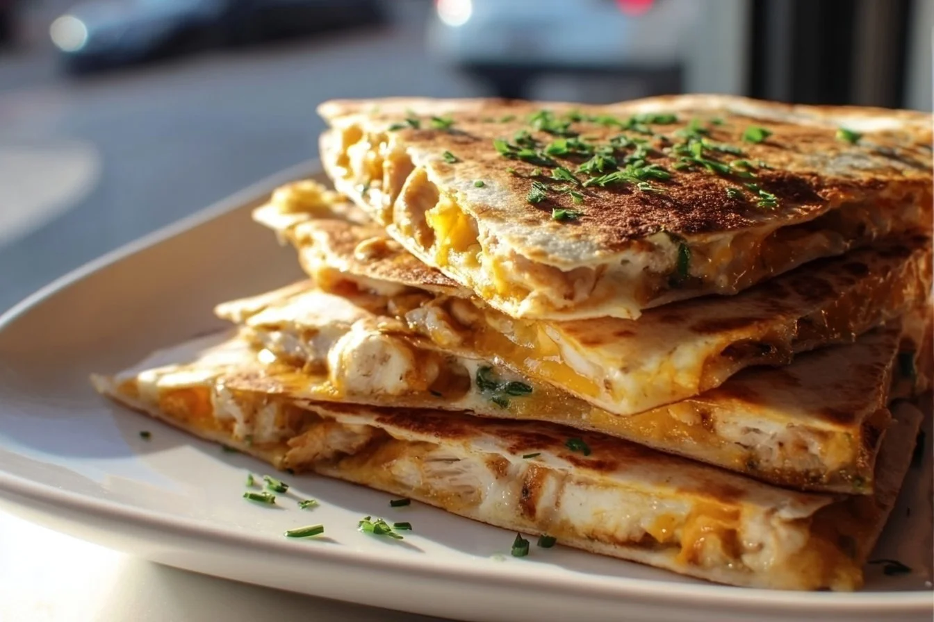 High protein quesadilla filled with cheese, chicken, and vegetables on a plate