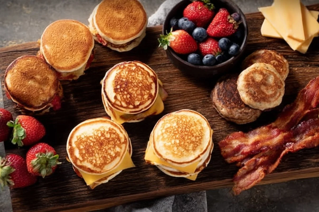 Delicious homemade McGriddles stacked with syrup-infused pancakes and savory filling.