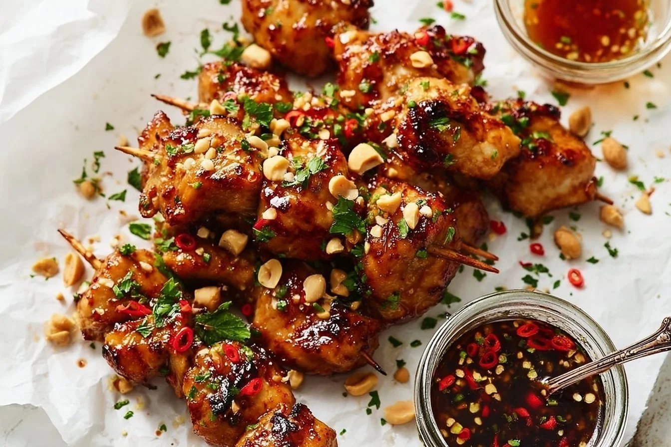 Grilled honey garlic chicken skewers garnished with vegetables