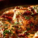 Delicious Juicy Marry Me Chicken served with herbs and creamy sauce