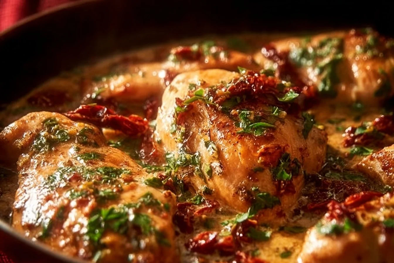 Delicious Juicy Marry Me Chicken served with herbs and creamy sauce