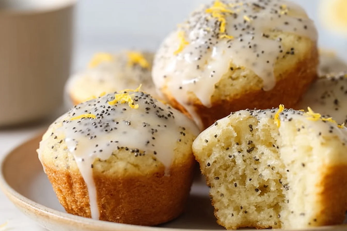 Lemon Poppyseed Protein Muffins on a wooden table with fresh lemons