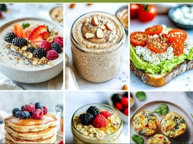Delicious low-calorie high-protein breakfasts on a table