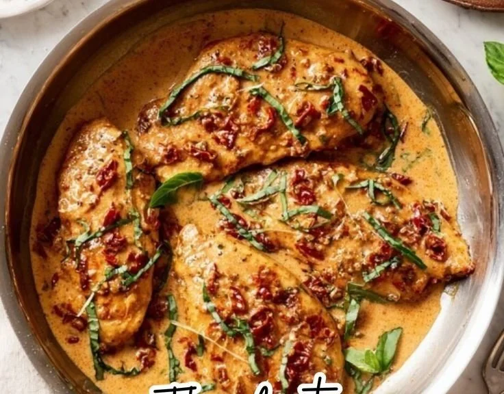 Plate of Marry Me Chicken garnished with herbs and served with pasta.