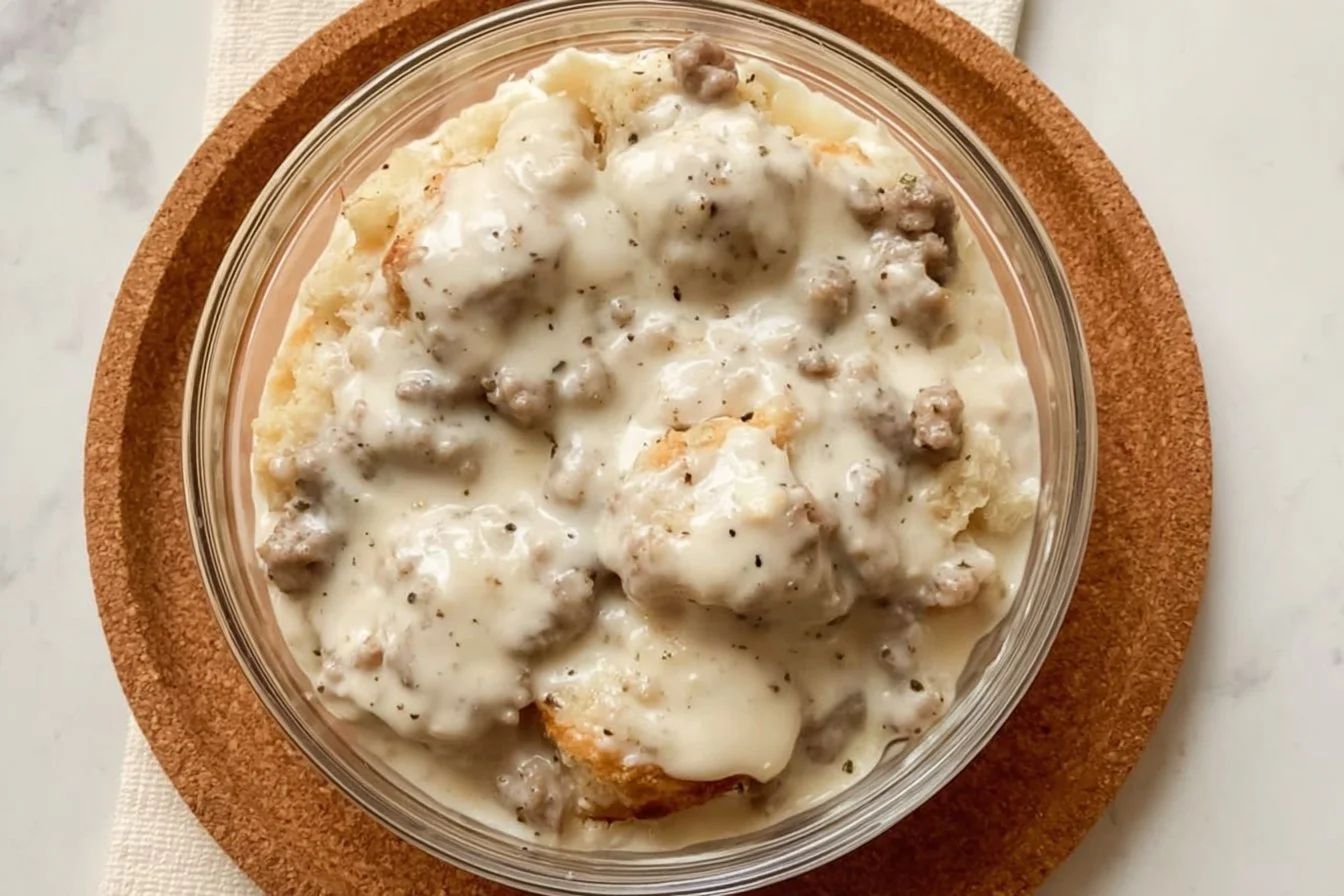 High protein biscuits served in a bowl with gravy for meal prep.