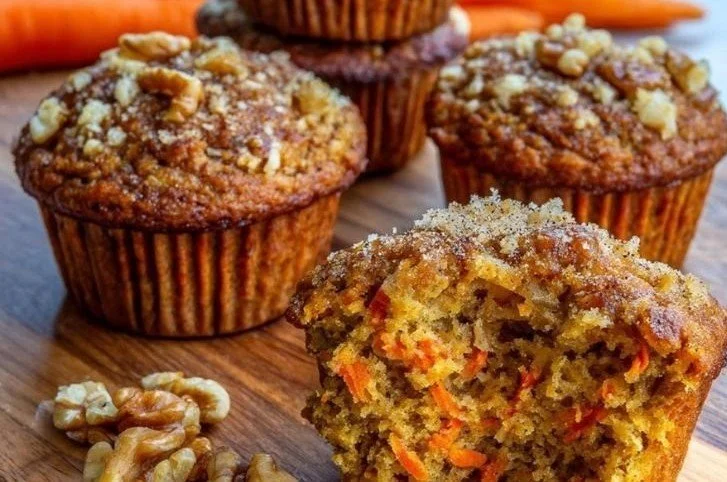 Moist high protein carrot cake muffins topped with walnuts and spices