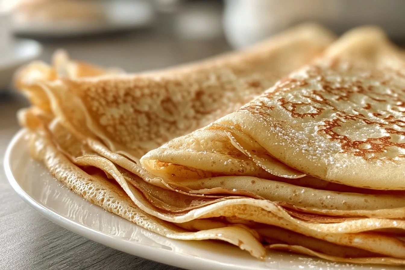 Delicious oatmeal crepes stacked with fresh fruits and syrup.