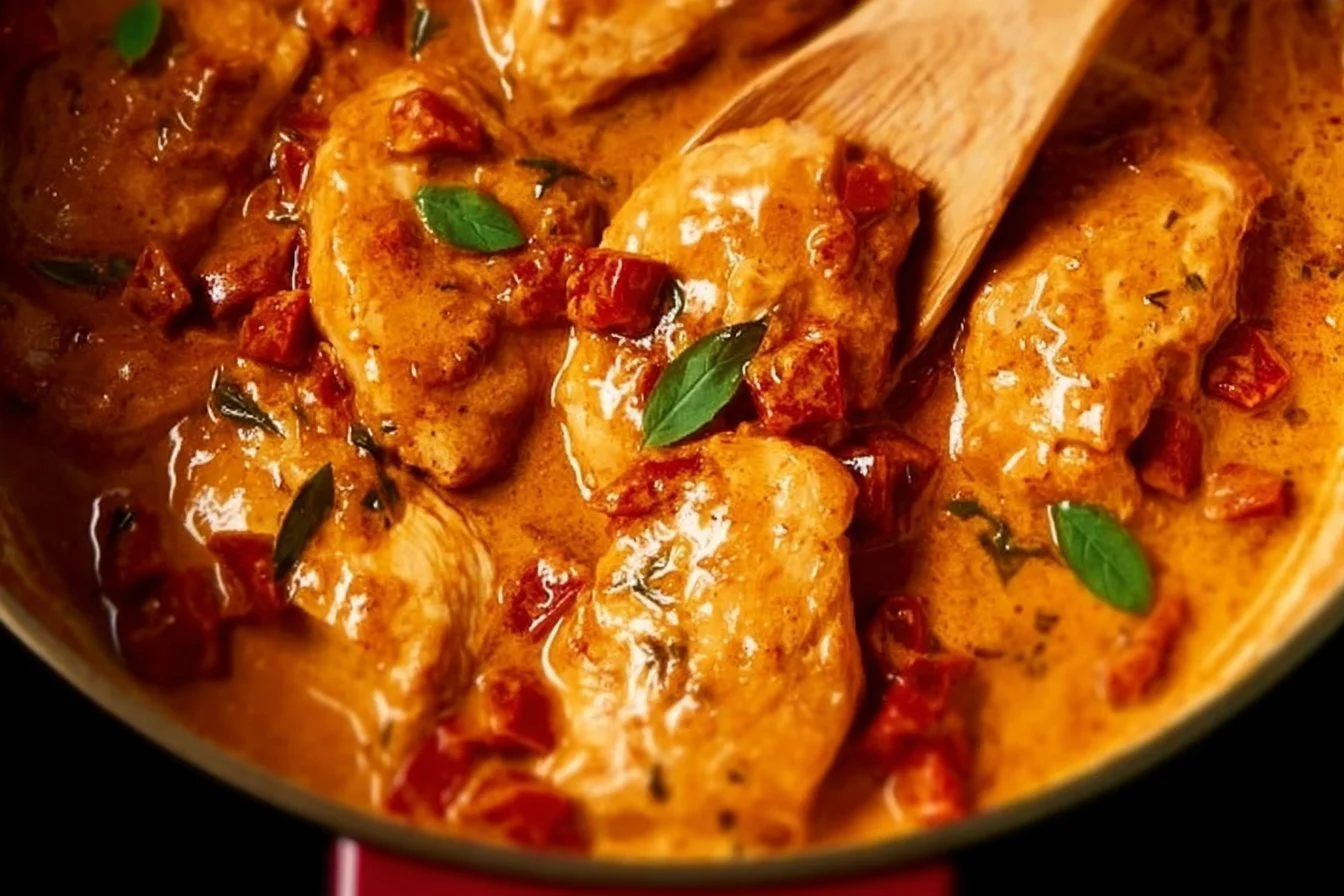One-Pan Chicken with Sun-Dried Tomato Cream Sauce dish on a white plate.