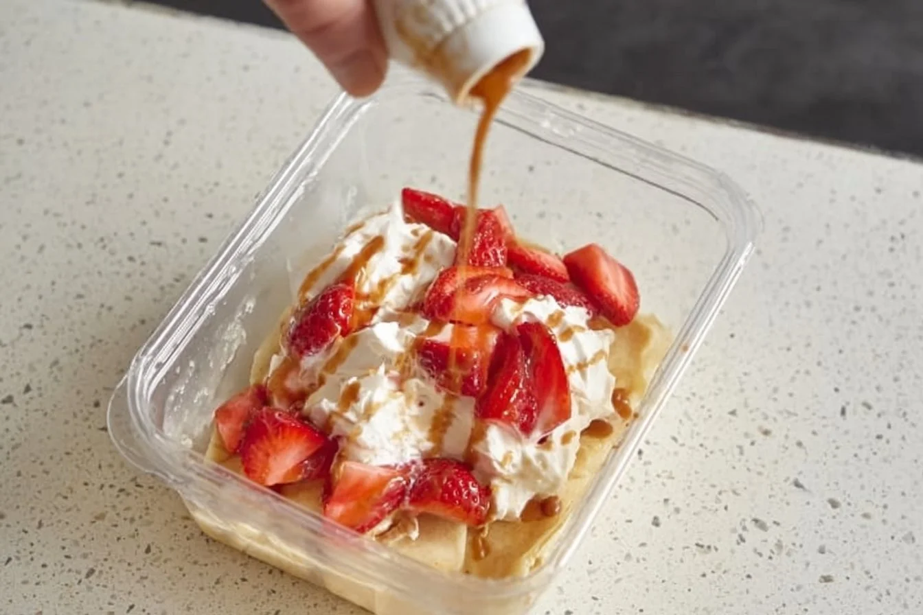 Protein pancakes topped with Greek yogurt and strawberries on a plate
