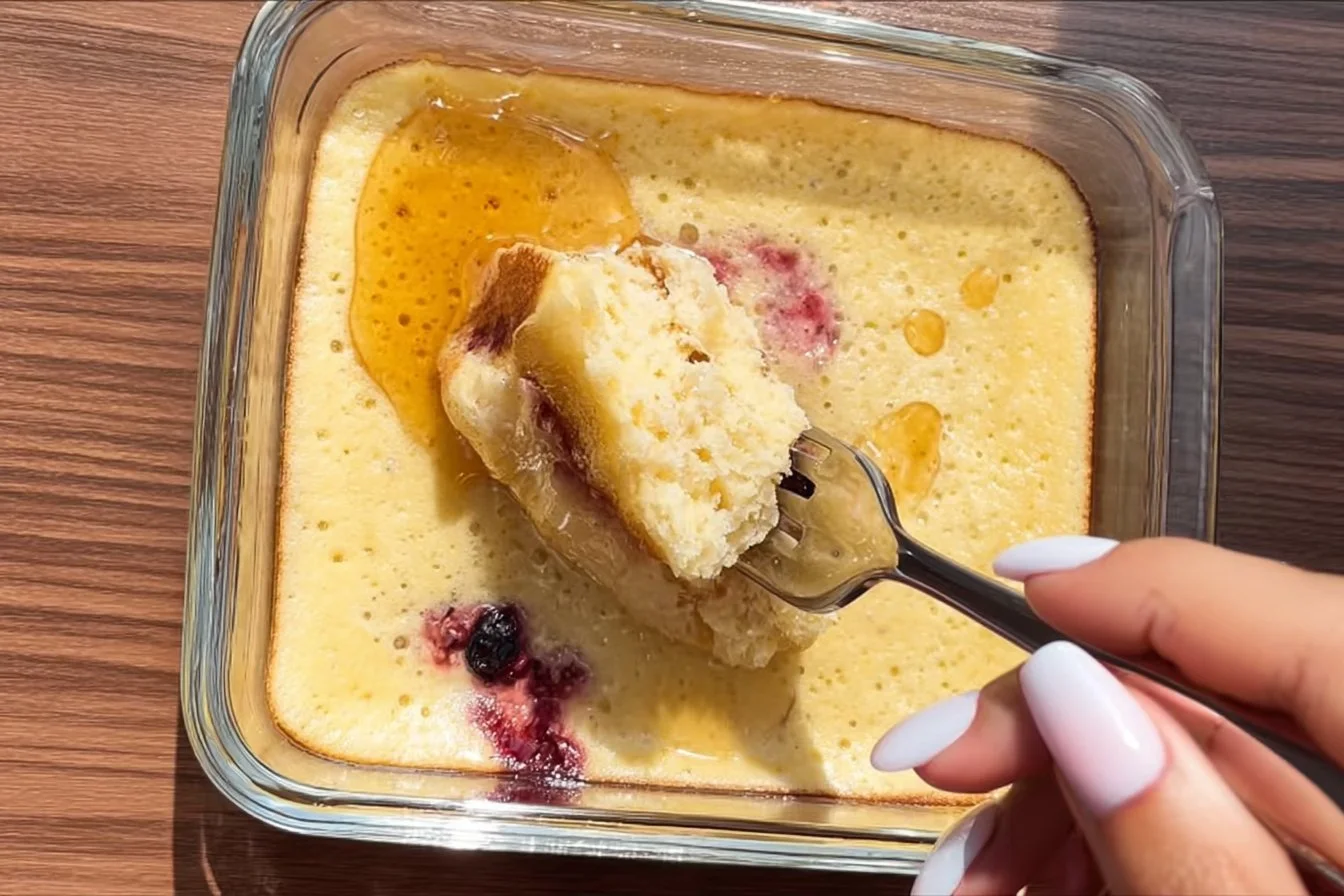 Delicious single serving protein pancake served with fruit and syrup