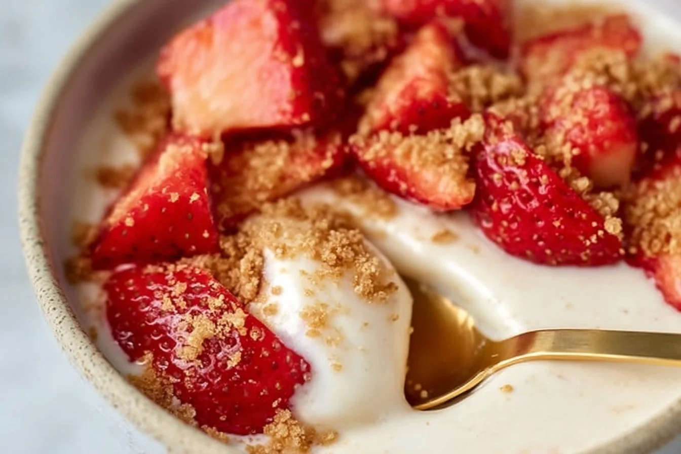 Strawberry Cheesecake Yogurt Bowl topped with fresh strawberries and graham cracker crumbs.