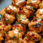 Bang Bang Chicken Skewers ready to be served on a platter with dipping sauce