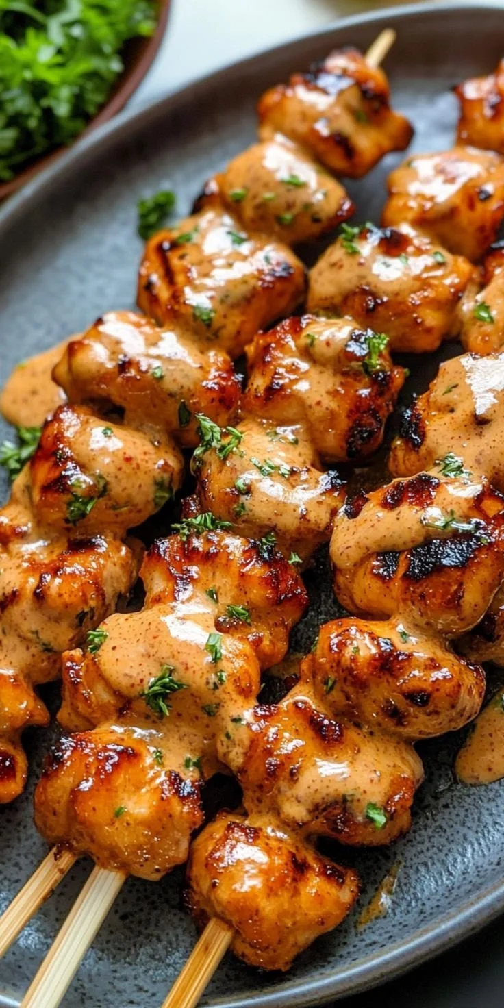 Bang Bang Chicken Skewers Bang Bang Chicken Bang Bang Chicken Skewers ready to be served on a platter with dipping sauce