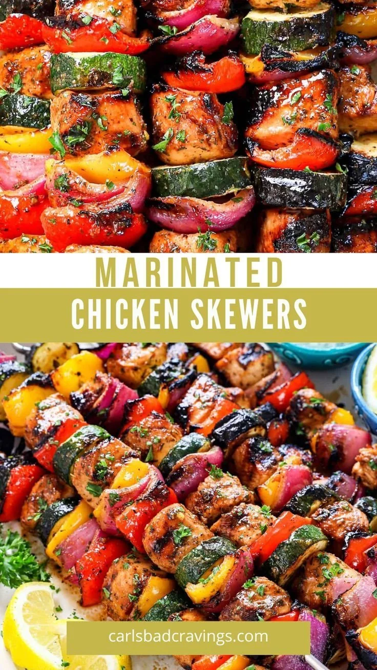 Deliciously grilled Chicken Kabobs on skewers with colorful vegetables