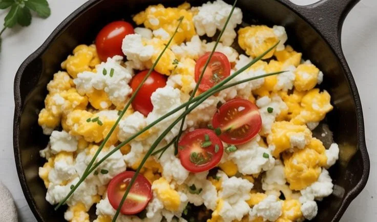 Cottage Cheese Egg White Breakfast Scramble breakfast scramble Cottage Cheese Egg White Breakfast Scramble served in a bowl with fresh herbs