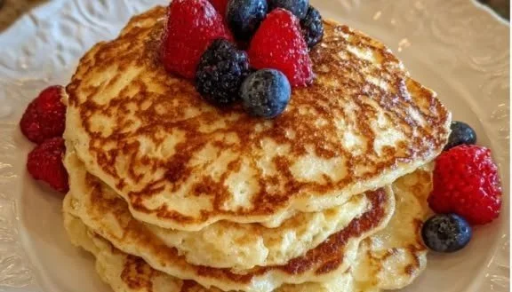 Fluffy Cottage Cheese Pancakes cottage cheese pancakes Plate of fluffy cottage cheese pancakes topped with fresh berries and maple syrup.