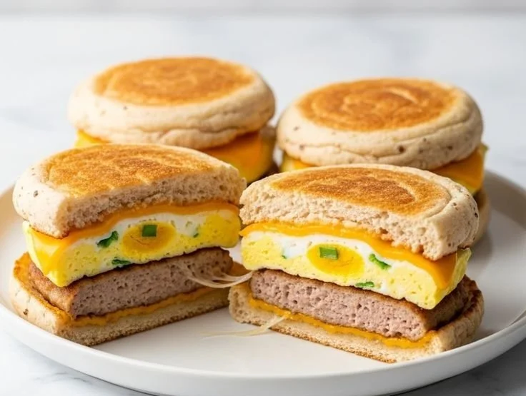 High protein breakfast sandwich with egg, cheese, and spinach on a toasted bagel