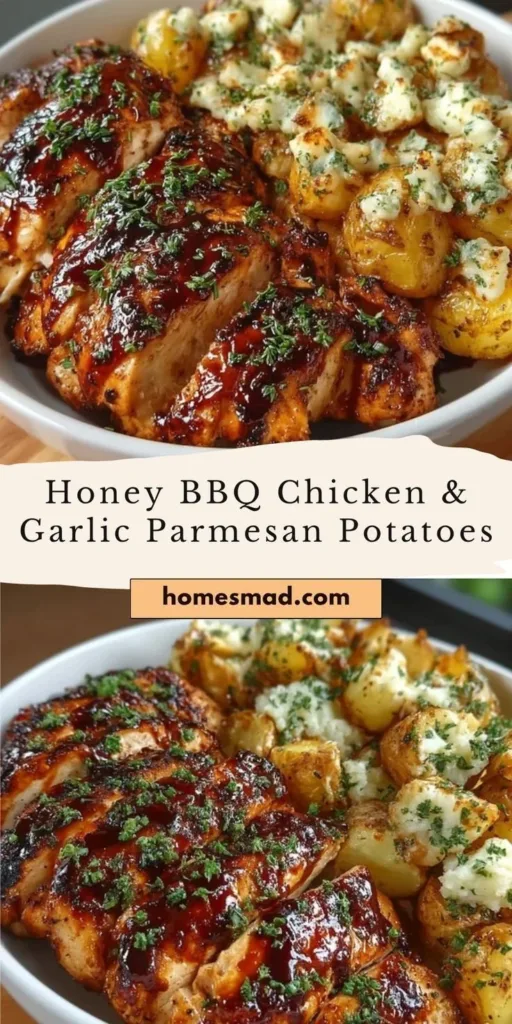 Honey BBQ Chicken served with Garlic Parmesan Potatoes on a plate